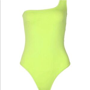 NWOT, French Connection Neon Green One-Shoulder bodysuit. Size M